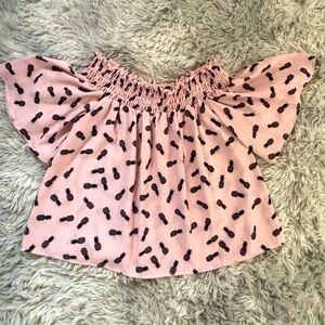 Ripe Pink Off-Shoulder Top with Black Pineapple Print
